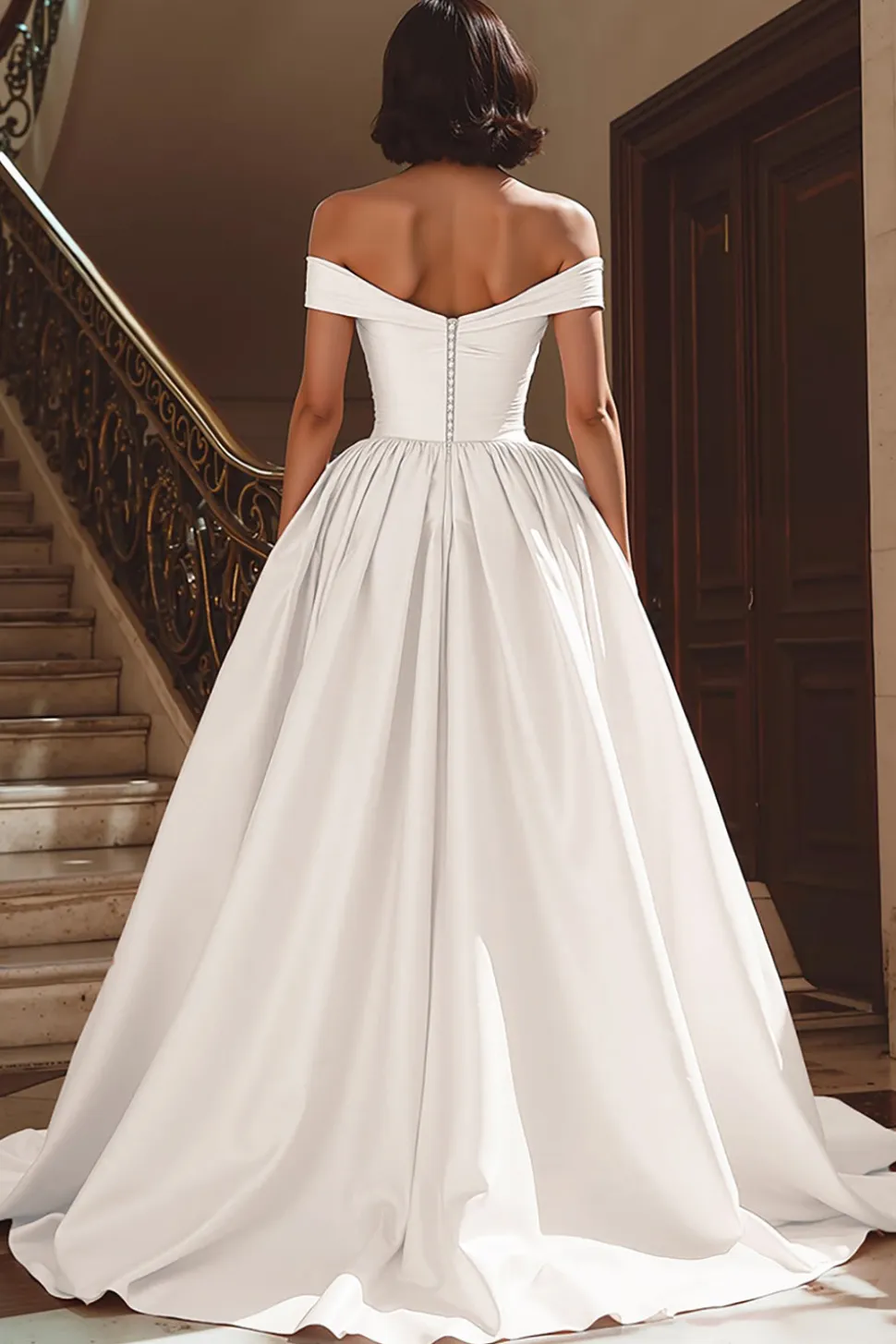 Branco fora do ombro cetim varrer trem vestido de noiva com fenda