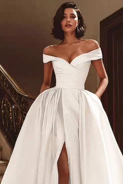 Branco fora do ombro cetim varrer trem vestido de noiva com fenda