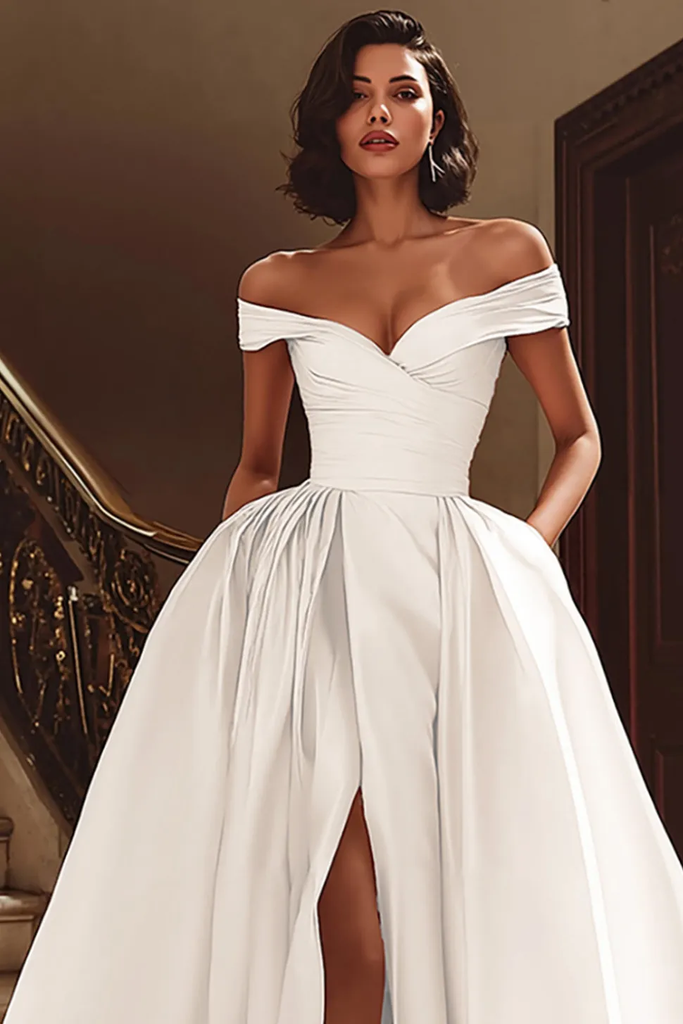 Branco fora do ombro cetim varrer trem vestido de noiva com fenda