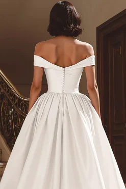 Branco fora do ombro cetim varrer trem vestido de noiva com fenda