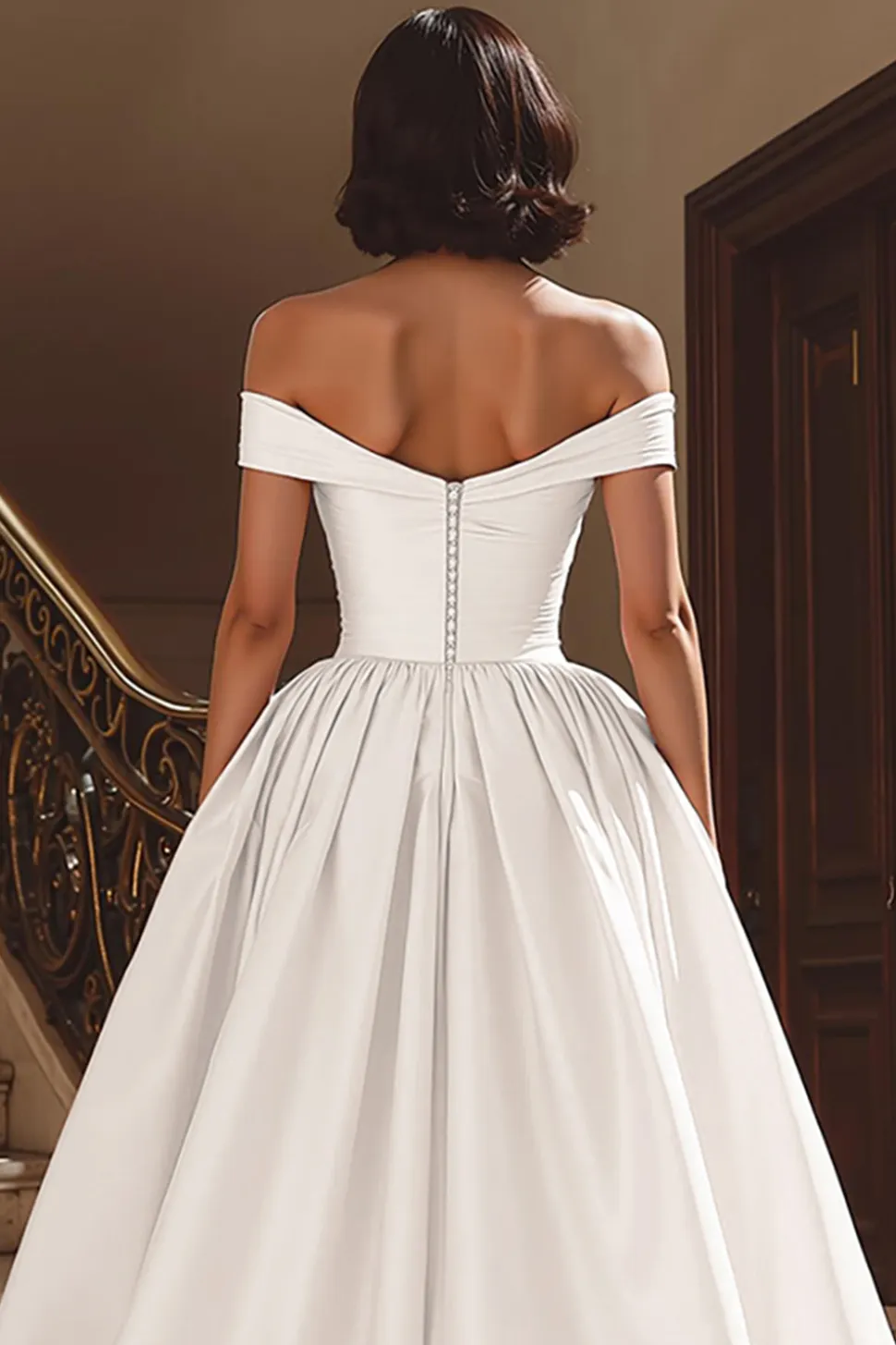 Branco fora do ombro cetim varrer trem vestido de noiva com fenda