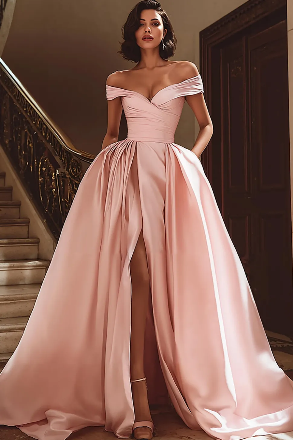 Branco fora do ombro cetim varrer trem vestido de noiva com fenda