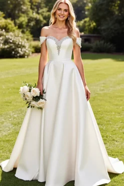 Branco Fora do Ombro De Baile/Princesa Cetim Longos Vestidos de Noiva