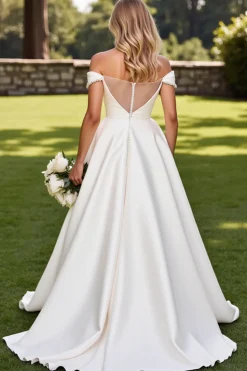 Branco Fora do Ombro De Baile/Princesa Cetim Longos Vestidos de Noiva