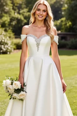 Branco Fora do Ombro De Baile/Princesa Cetim Longos Vestidos de Noiva