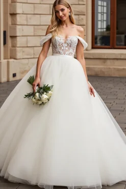 Branco Fora do Ombro De Baile/Princesa Tule Longo Vestido de Noiva com Apliques