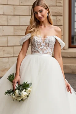 Branco Fora do Ombro De Baile/Princesa Tule Longo Vestido de Noiva com Apliques