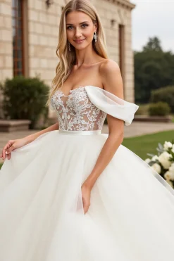 Branco Fora do Ombro De Baile/Princesa Tule Longo Vestido de Noiva com Apliques