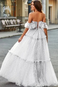 branco fora do ombro espartilho bolinhas longo vestido de baile