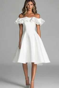Branco Fora do Ombro Linha-A Midi Vestido de Noiva com Babados
