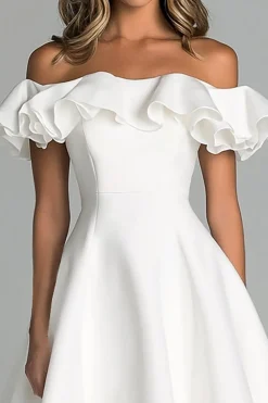 Branco Fora do Ombro Linha-A Midi Vestido de Noiva com Babados