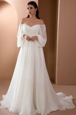 Branco fora do ombro mangas compridas A-line vestido de festa de casamento