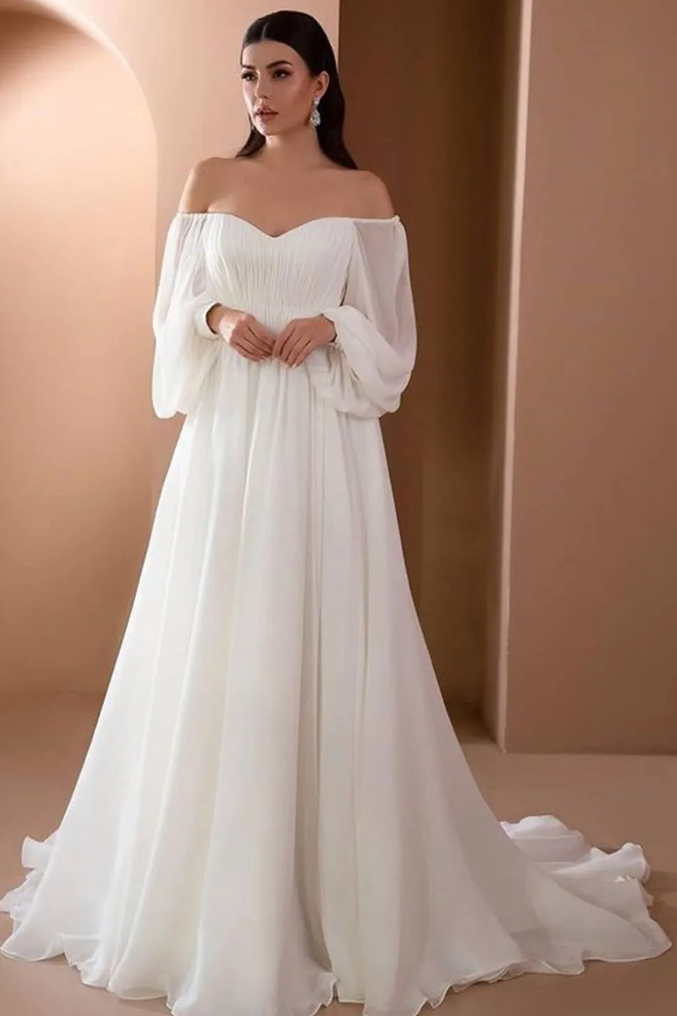 Branco fora do ombro mangas compridas A-line vestido de festa de casamento