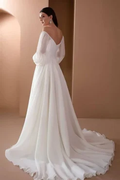 Branco fora do ombro mangas compridas A-line vestido de festa de casamento