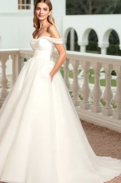 Branco Fora do Ombro Tule De Baile/Princesa Vestido de Noiva