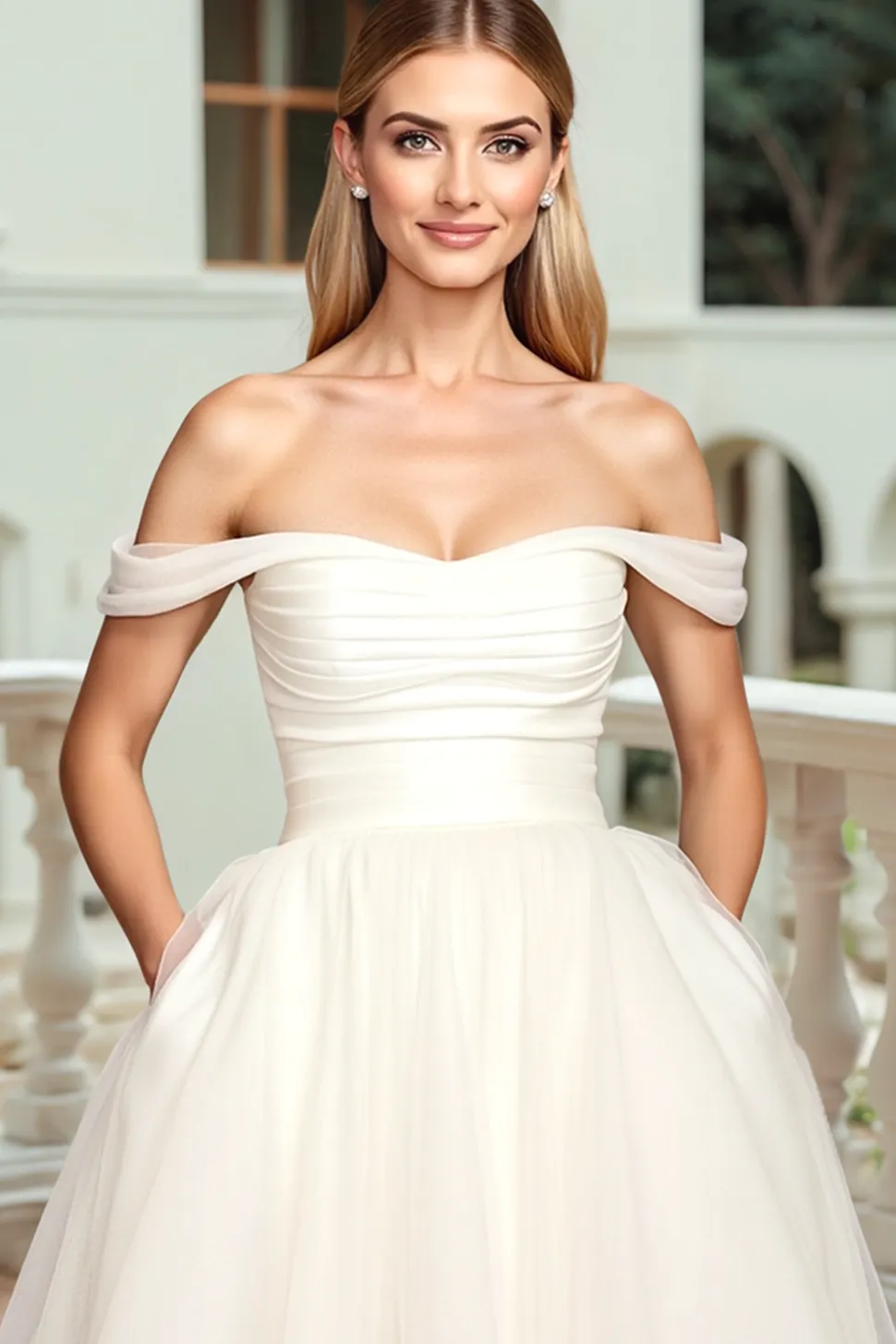 Branco Fora do Ombro Tule De Baile/Princesa Vestido de Noiva