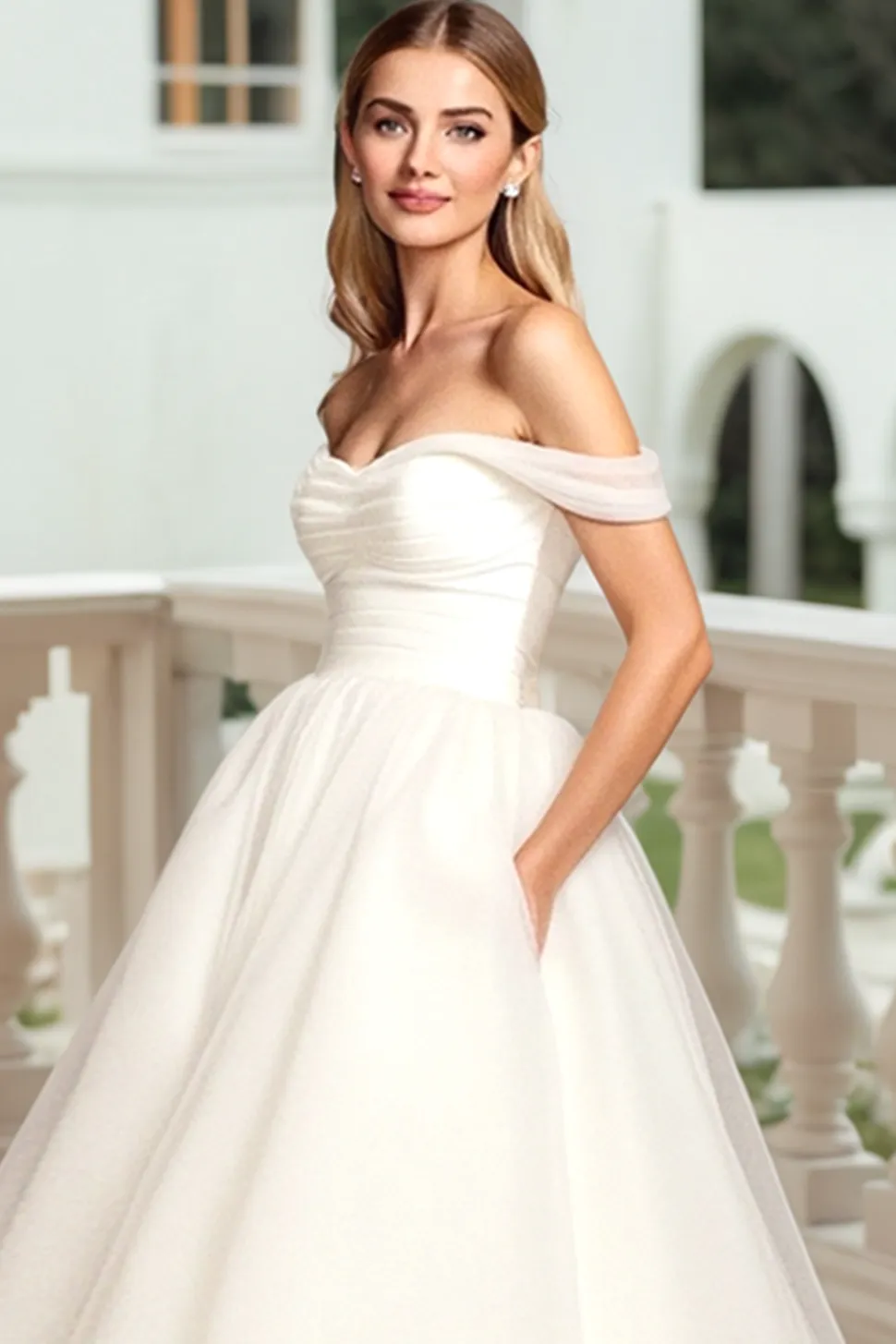 Branco Fora do Ombro Tule De Baile/Princesa Vestido de Noiva