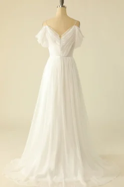 Branco fora do ombro tulle vestido de noiva