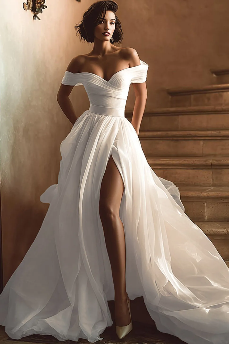 Branco fora do ombro um vestido de noiva linha com fenda