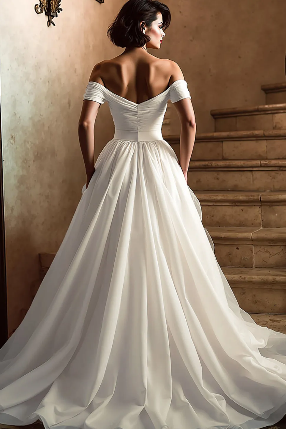 Branco fora do ombro um vestido de noiva linha com fenda