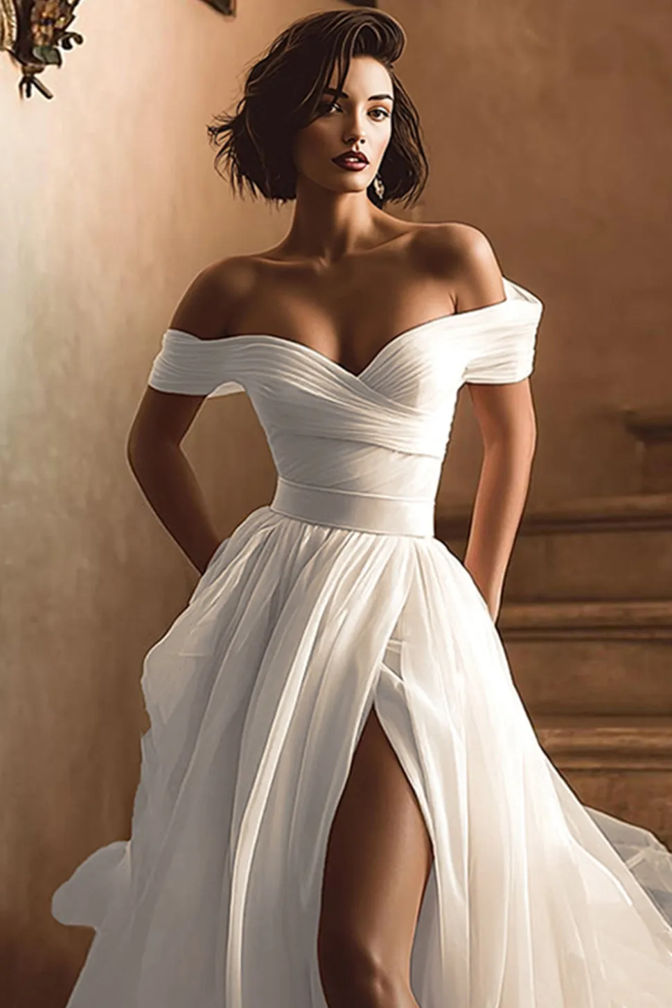 Branco fora do ombro um vestido de noiva linha com fenda