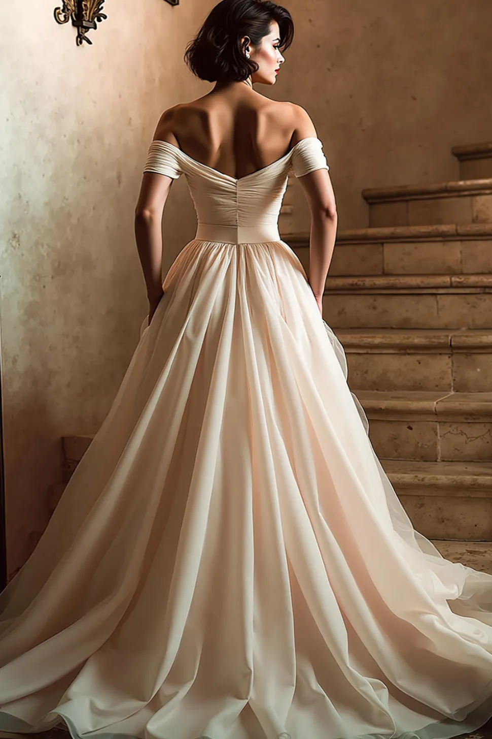 Branco fora do ombro um vestido de noiva linha com fenda