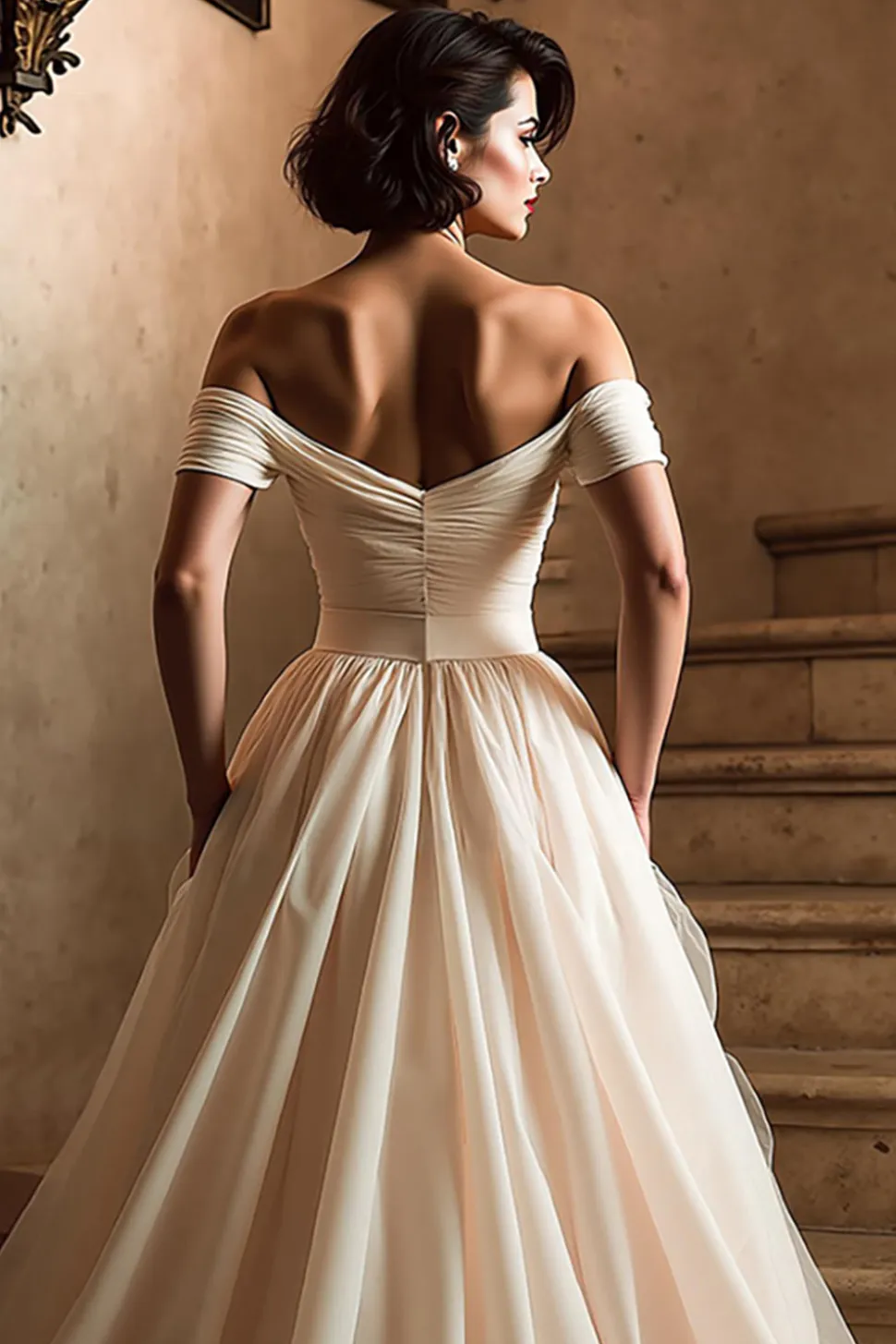 Branco fora do ombro um vestido de noiva linha com fenda