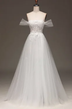 Branco Fora do Ombro Uma Linha Corset Prom Dress com Appliques