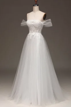 Branco Fora do Ombro Uma Linha Corset Prom Dress com Appliques