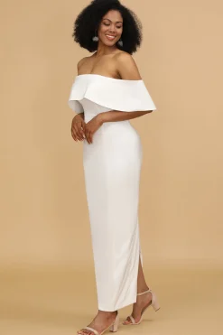 Branco fora do ombro vestido de dama de honra cetim