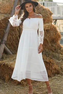 Branco fora do ombro vestido boho
