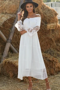 Branco fora do ombro vestido boho
