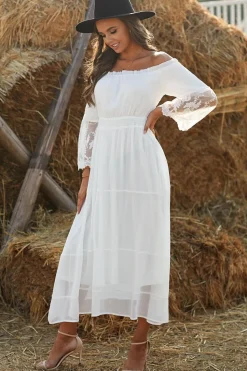 Branco fora do ombro vestido boho