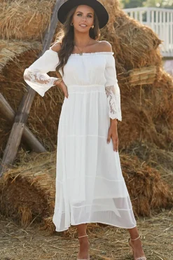 Branco fora do ombro vestido boho