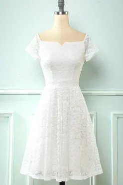 Branco fora do vestido de festa de renda de ombro