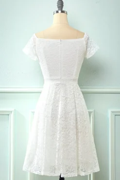 Branco fora do vestido de festa de renda de ombro