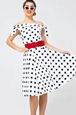 Branco Fora-ombro Vestido Com Bolinhas Pretas