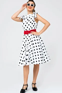 Branco Fora-ombro Vestido Com Bolinhas Pretas