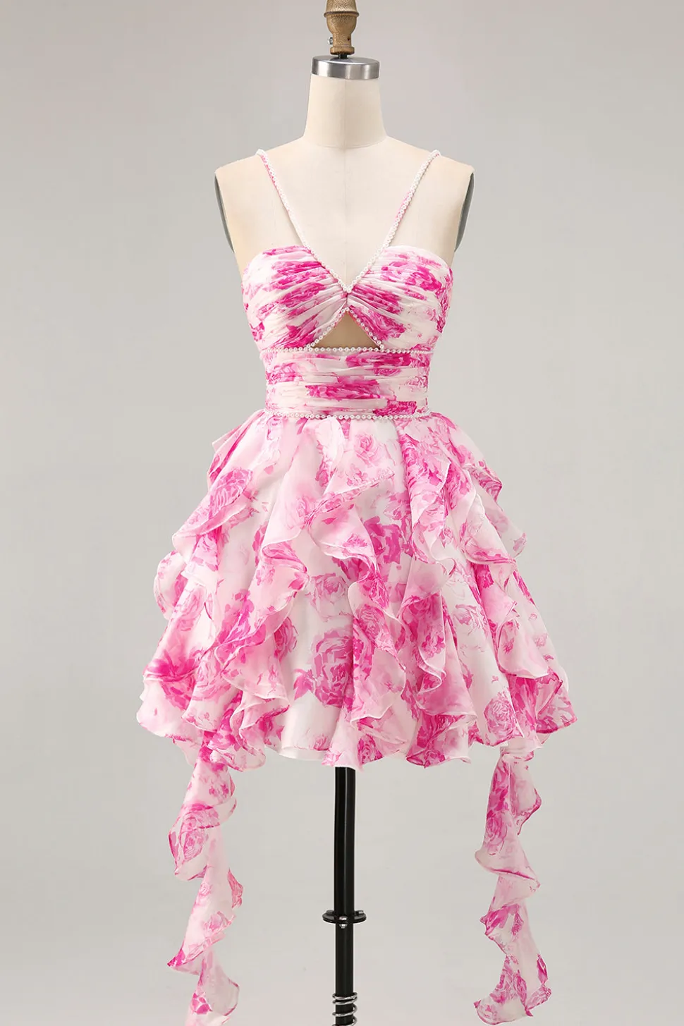 Branco Fuchsia Flor Halter Tiered Vestido Homecoming Impresso