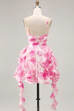 Branco Fuchsia Flor Halter Tiered Vestido Homecoming Impresso