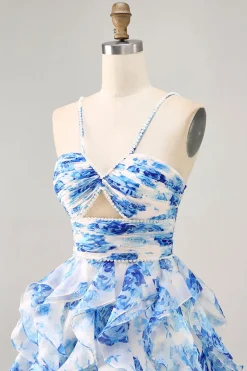 Branco Fuchsia Flor Halter Tiered Vestido Homecoming Impresso