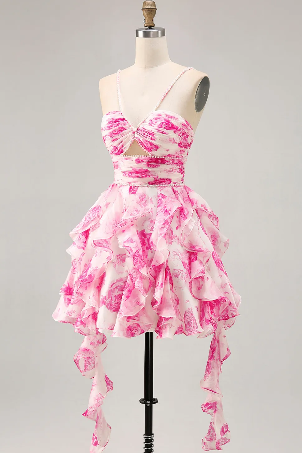 Branco Fuchsia Flor Halter Tiered Vestido Homecoming Impresso