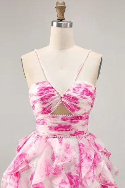 Branco Fuchsia Flor Halter Tiered Vestido Homecoming Impresso
