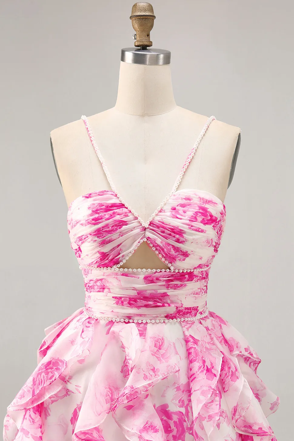 Branco Fuchsia Flor Halter Tiered Vestido Homecoming Impresso