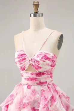 Branco Fuchsia Flor Halter Tiered Vestido Homecoming Impresso
