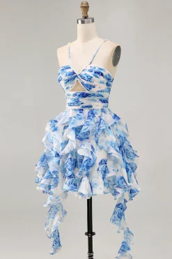 Branco Fuchsia Flor Halter Tiered Vestido Homecoming Impresso