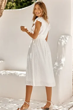 Branco Gola em V Midi Vestido de Verão