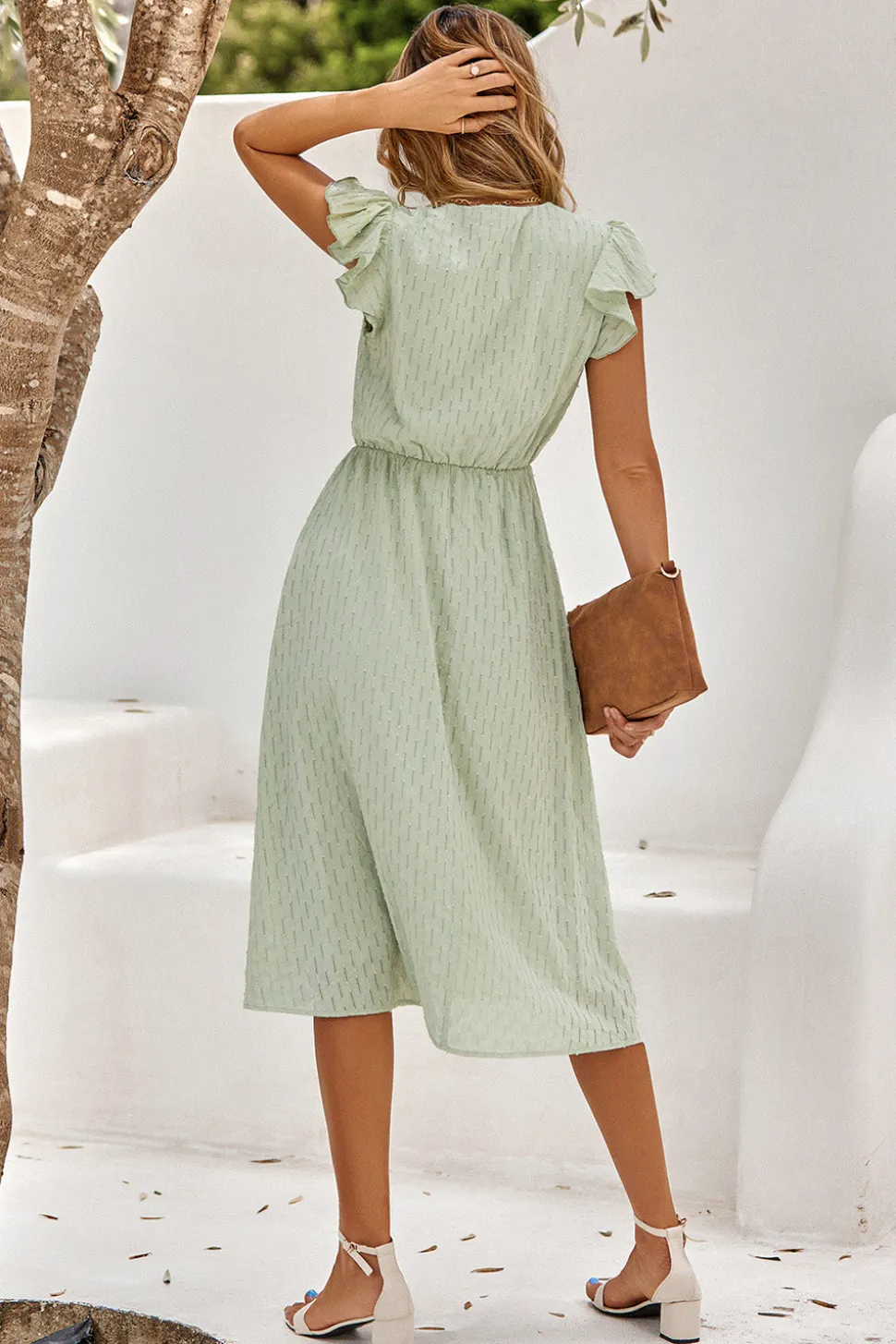 Branco Gola em V Midi Vestido de Verão
