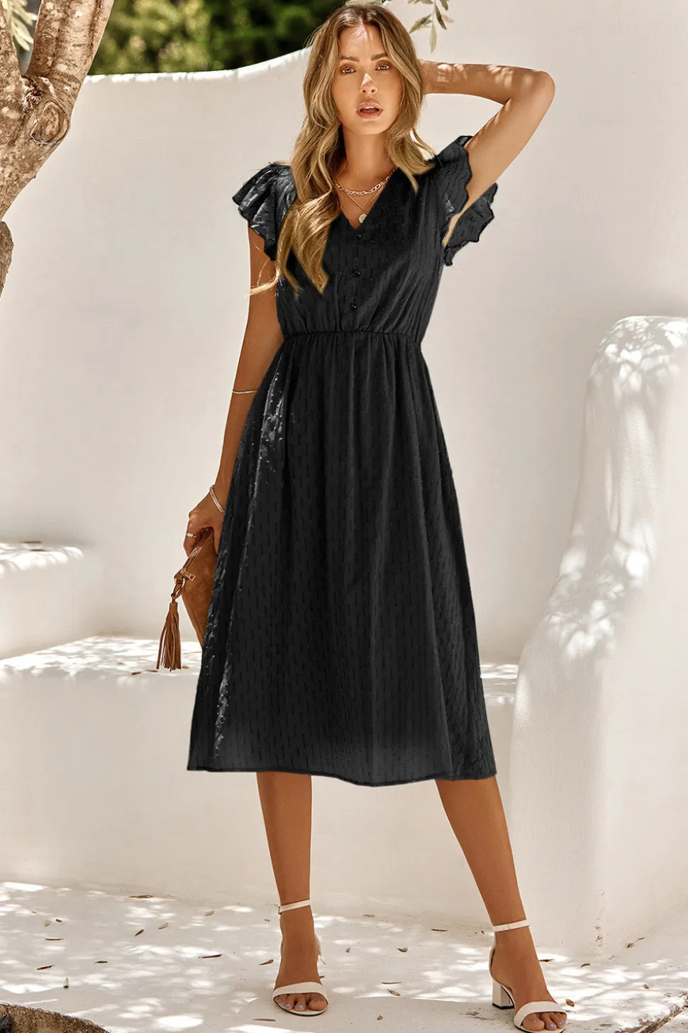Branco Gola em V Midi Vestido de Verão
