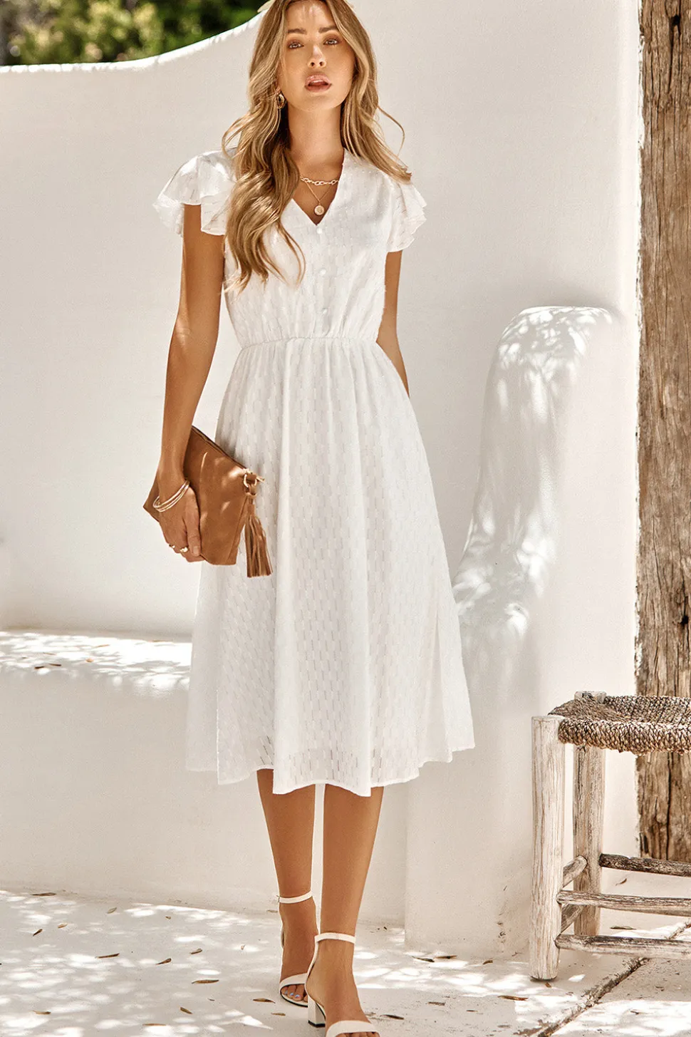 Branco Gola em V Midi Vestido de Verão